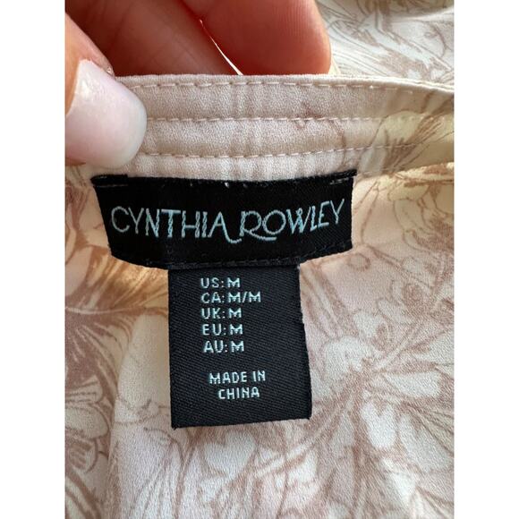 Cynthia Rowley M Beige Toile Palm leaf print chiffon blouse long sleeve V neck - Picture 7 of 9